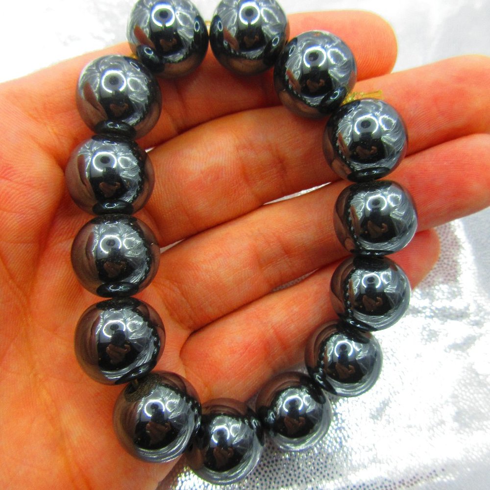 Hematite 14mm Round 7" Stretchy Gemstone Bracelet